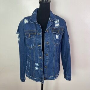 Wax Jean Womens Distressed Denim Jacket Dark Wash, Size Small